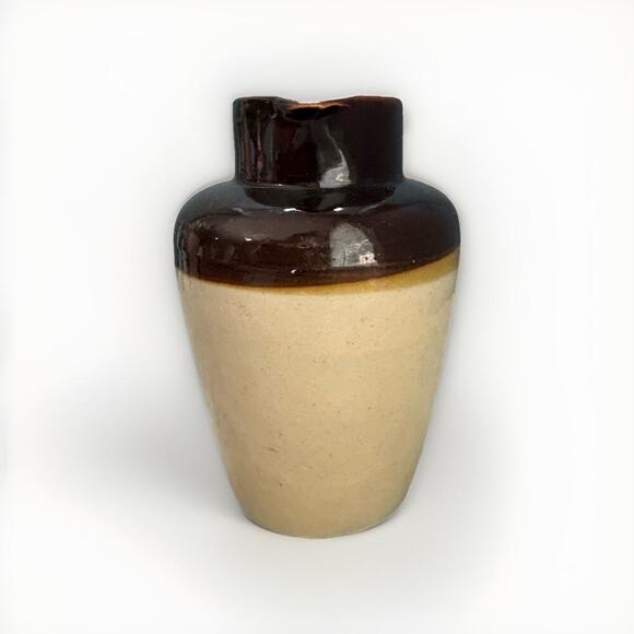 Vintage Stoneware Syrup Pitcher Jug Brown Tan Two Tone 6" Tall Vase Cottage Core - Picture 2 of 13
